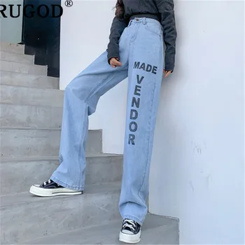 

RUGOD fashion letter print straight pants women casual high waist blue jeans streetwear denim pants cowboy jeans plus size