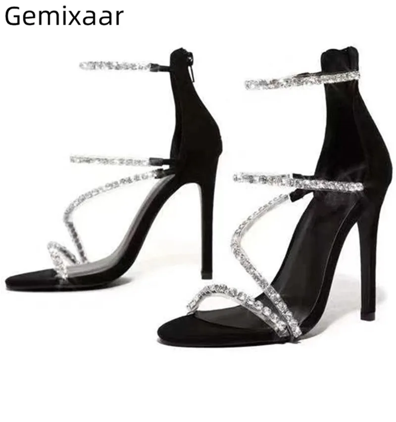 

Thin Strap Decor Crystal Sandals Women Open Toe Cover Heel Decor Zipper Sexy Sandalias Multy Colors Thin High Heel Women Sandals