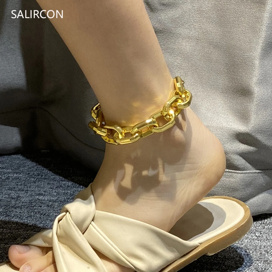 

Salircon Punk Cuban Chunky Anklet Bracelet For Women Gold Color tobilleras Thick Leg Bracelet Boho Foot Jewelry Beach Accessory