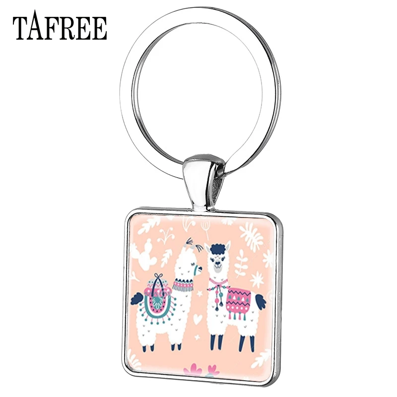 

TAFREE Fashion Cute Solid Color Alpaca Square keychain For Women Girl Charm Car Keychain Metal Key Ring Glass Round Jewelry YT48