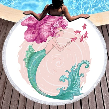 

Pink Mermaid Cartoon Microfiber Towels Large Round Beach Towels for Adults Kids Gifts Summer Toalla Tassel Tapestry