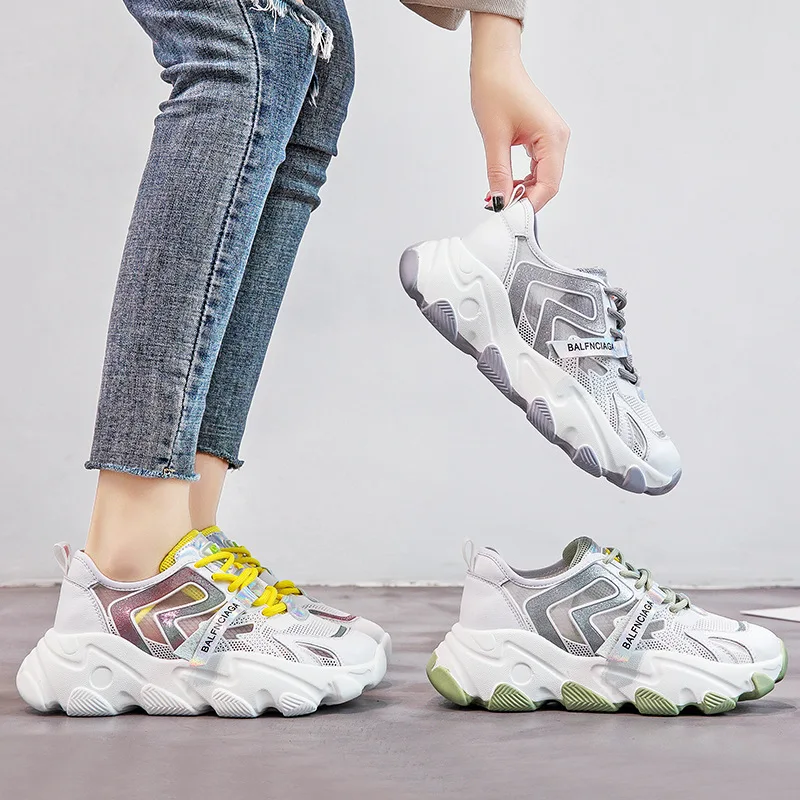 

CINESSD Genuine Leather Shoes Women's Sneakers Platform Mesh 2020 Summer Wedges Shoes For Women Casual Sneakers Fashion Sewing