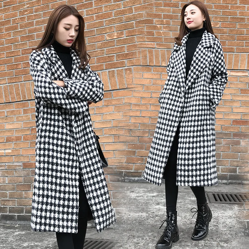 

2019 Autumn And Winter New Style Korean-style over-the-Knee Mid-length Thousands of Birds Fat Mm Loose-Fit Slimming Woolen Coat