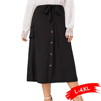 

Plus Size Button Up Self Bow Tie Sashes Pockets Women Cargo Skirts Summer Ankle Length Midi Long A Line Skirt Korean Style Black