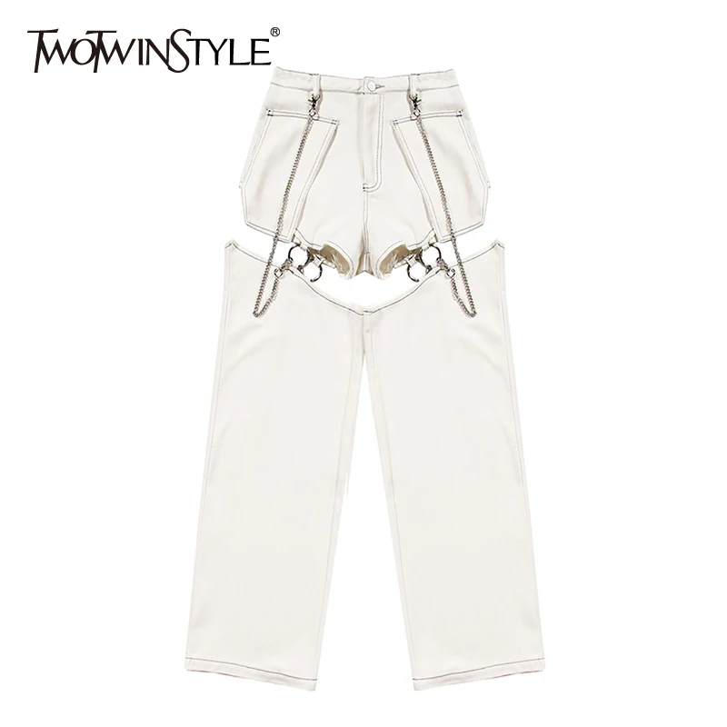 TWOTWINSTYLE Patchwork Hollow Out White Pants For Women High Waist Pocket Loose Streetwear Pants Female 2020 Summer New Style TWOTWINSTYLE Patchwork Hollow Out White Pants For Women High Waist Pocket Loose Streetwear Pants Female 2020 Summer New Style