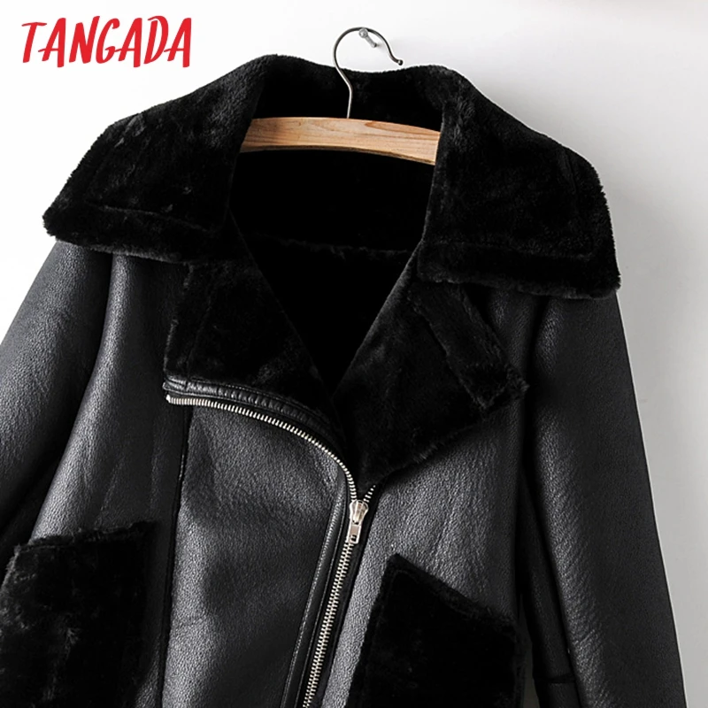 price reduction  Tangada Women fur faux leather jacket coat with belt turn down collar Ladies 2019 Winter Thick Warm