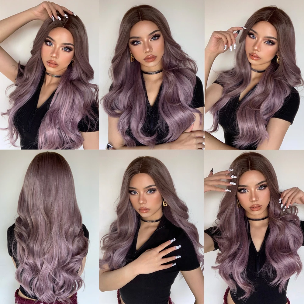 GEMMA Long Wavy Ombre Brown Purple Synthetic Wigs for Women Heat Resistant Natural Middle Part Cosplay Party Lolita Hair Wigs
