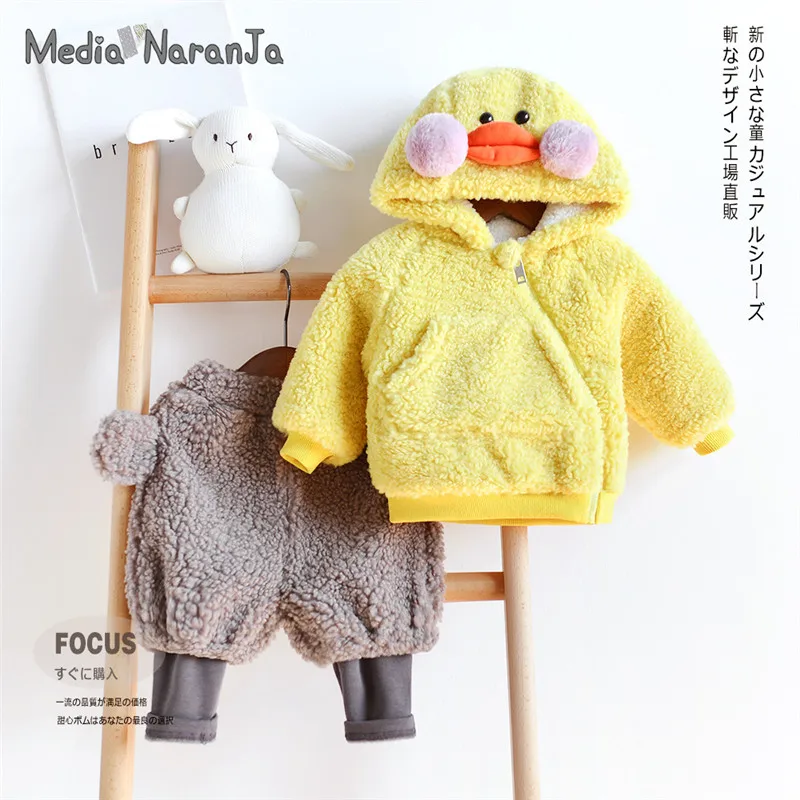 Baby unisex winter warm coat infant toddler little yellow duck cute warm hooded jacket children cute costume