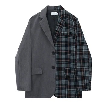 

Early autumn Korean style trendy suit jacket plaid single-breasted stitching contrast color loose office women