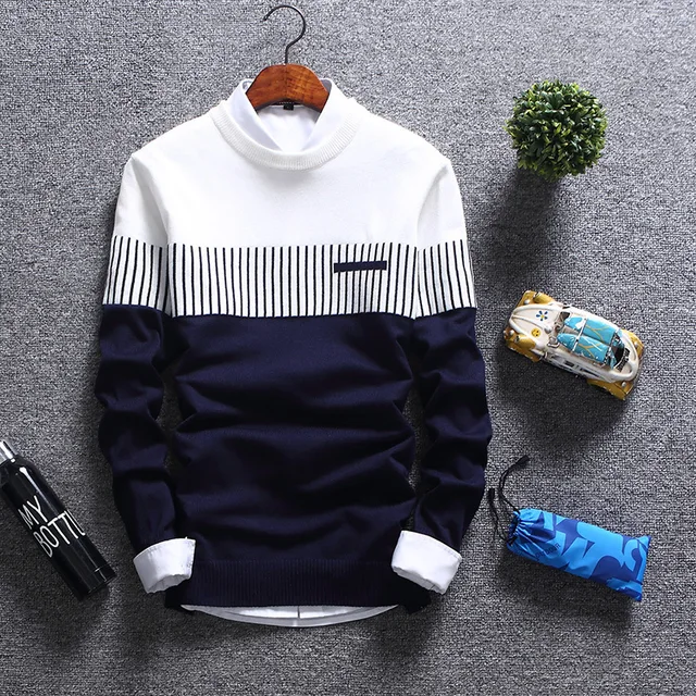 Autumn Slim Fit Striped Knitted Sweaters Men's Apparel Men's Top Sweaters color: navy|Red|White