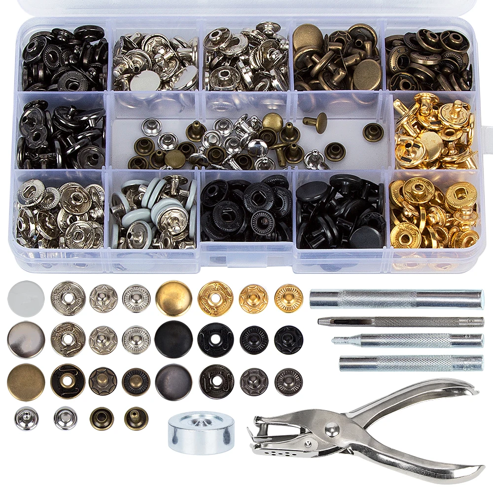 

120Set Snap Fasteners Kit + 20Set Double Cap Rivet Buttons Press Studs + 6pcs Fixing Tools for Leather Coat Down Jacket Jeans