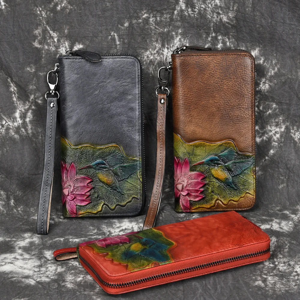 

shu gao pi Leather Wallet Women's Embossed Long Zipper Wallet Women's Vintage Cattle Leather Wallet Clutch Bag