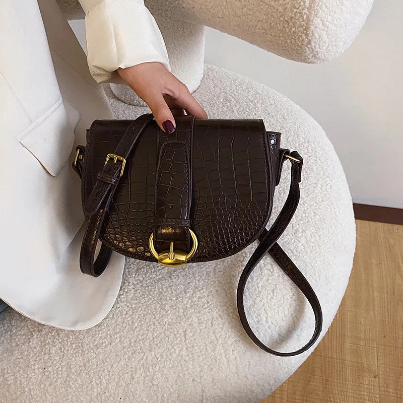 

Language meng wei Fashion Pu Saddle Bag Women's 2020 New Style Retro Crocodile Pattern Non-mainstream Crossbody Bag