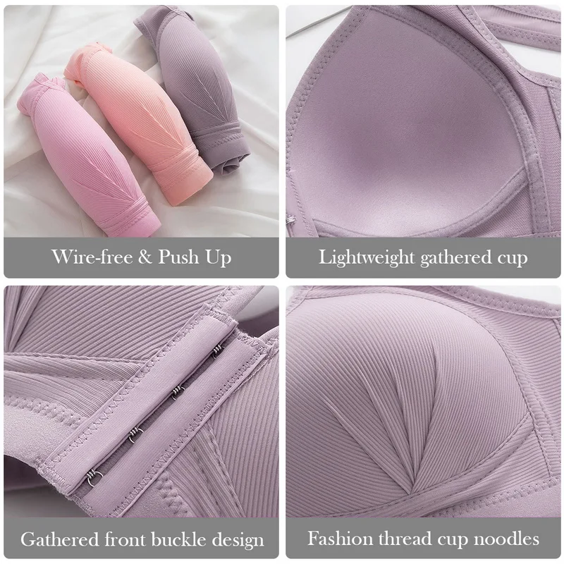 Women Plus Size Bra Sexy Bralette Crop Top Underwear Lingerie Brassiere Push Up Bras Wireless Gather Bras Front Buckle Anti-Sag