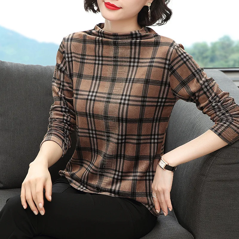 

High Collar T-shirt Women's Long-Sleeve Loose-Fit 2019 New Style Underwear Large Size Mom Western Style Tops Autumn And Winter B