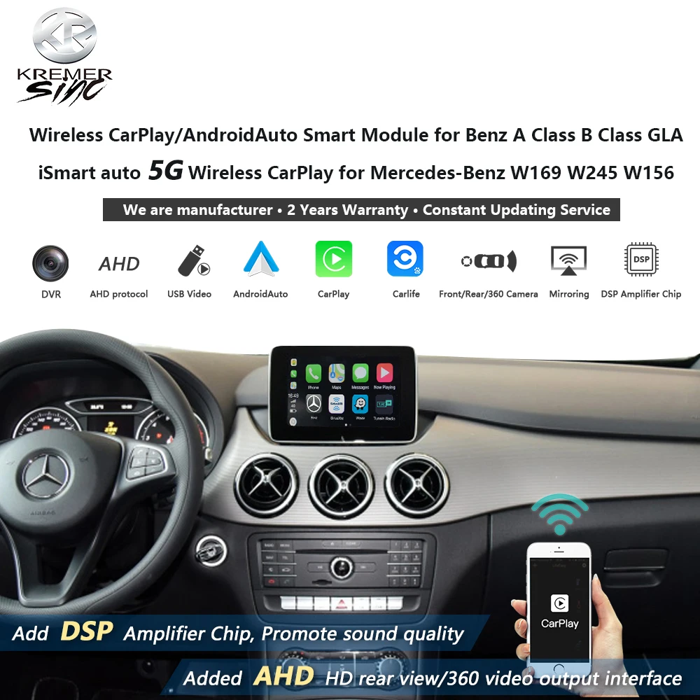 Беспроводной Apple CarPlay Android Авто модернизация для Mercedes Benz A / B класс GLA зеркало Airplay