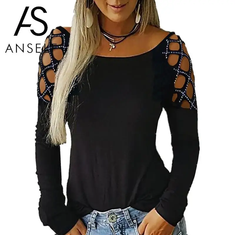 Женская футболка 3XL 4XL 5XL размера плюс, Однотонная футболка, стразы, с длинным рукавом, сексуальная клубная одежда для вечеринки, футболка, женские топы