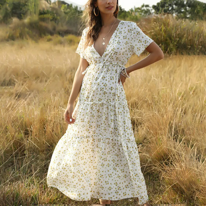Женское платье макси с глубоким v образным вырезом 2020 хлопок|Платья| |