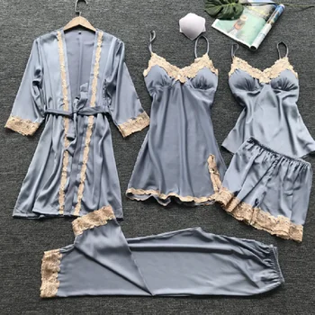 

Women's sleepwear summer sexy pajamas five-piece belt Pajamas women's home clothing with chest pad nightgown thin пижама