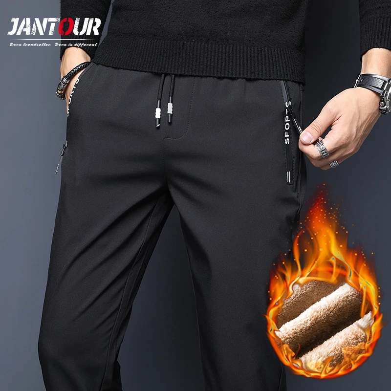 

2020 Mens Winter Fleece Warm Pants Men Korean Casual Slacks Slim Warm Thick Jogging Pants for men Black Gray Lace Trousers Male