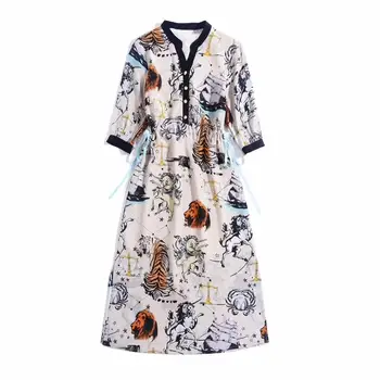 

European and American women's dress 2020 summer new styles 5 minutes of sleeve Cartoon animal printing Fashionable silk dress
