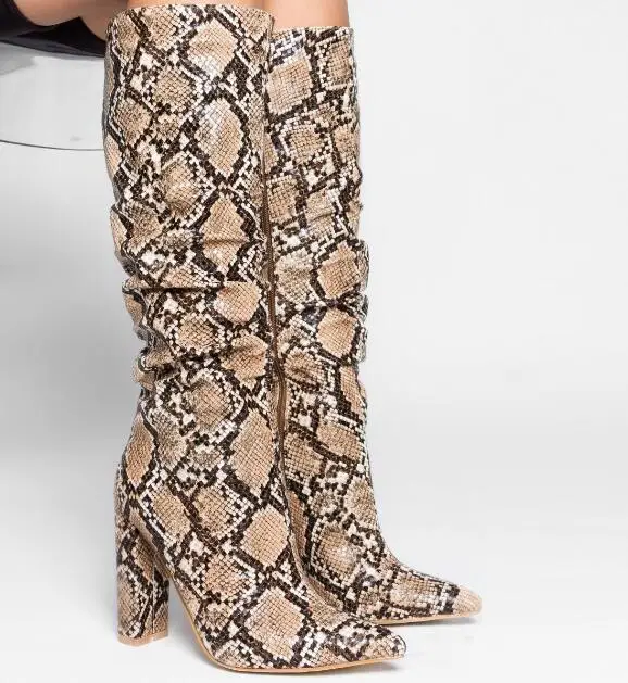 fashion woman colorful snake print chunky high heel pointed toe knee high boots woman