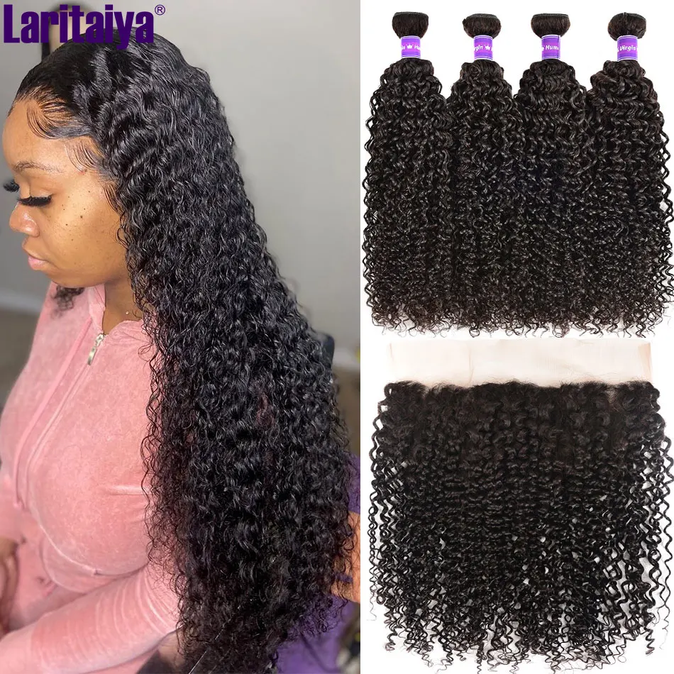 Peruvian Kinky Curly Hair Bundles With Frontal Curly Human Hair Bundles With Closure Transparent Lace Frontal With Bundles