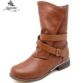 

Sgesvier 2020 new arrival boots women round toe buckle classic motorcycle boots low heels round toe ladies mid calf boots