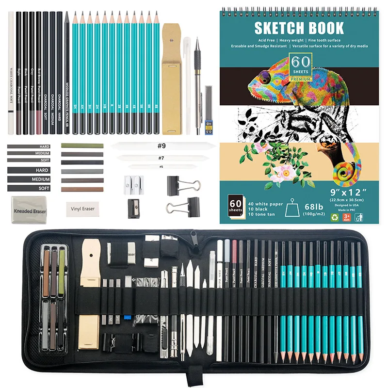 33/50 Piece Drawing & Sketching Art Set - Ultimate Complete Artist Kit,  Graphite and Charcoal Pencils & Sticks, Pastels, Erasers