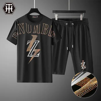 

2020 Men Clothing Sportswear Summer Rhinestones Suit Fitness Thin Mens Track Suit Set 2 Pieces Casual Jogger Sets Plus Size 4XL