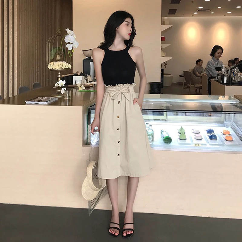 

Skirts Women 2019 Summer Mini Knee Length Autumn Elegant Button High Waist Clothing Women's Pleated School Skirts
