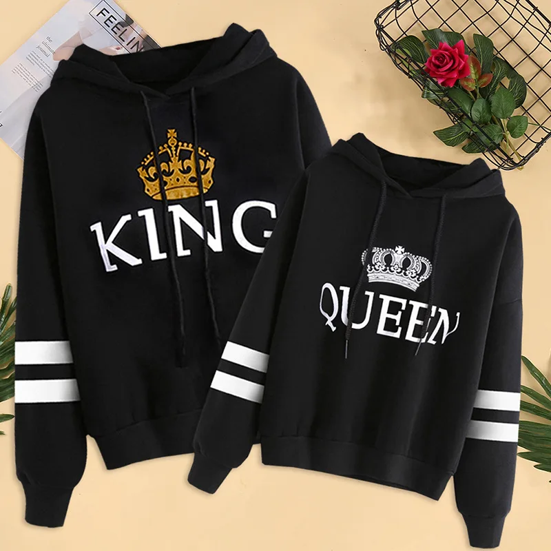 Новые продукты Wish AliExpress, одежда для пар, толстовка с капюшоном в полоску с принтом королевы и короля