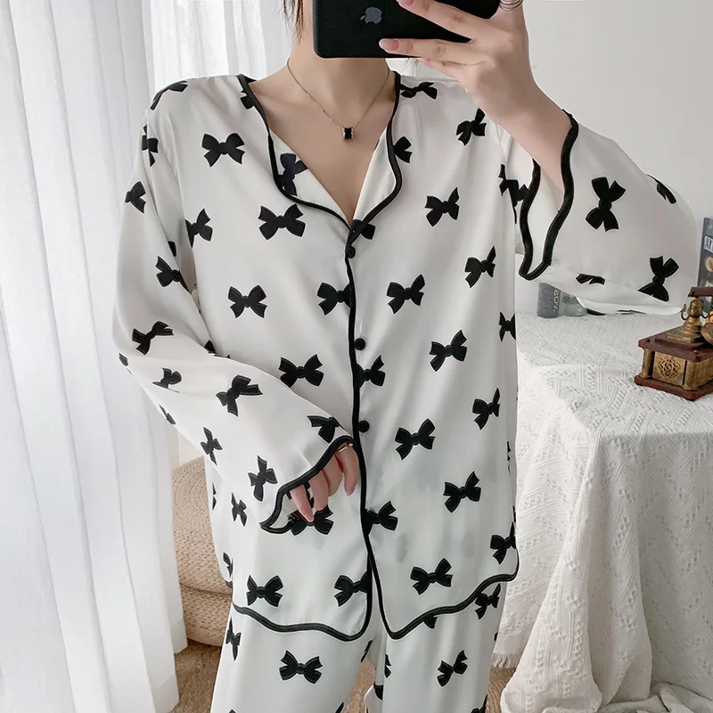 satin pajamas for women SLPBELY Ice Silk Women Pajamas Set Homesuit Summer White Bow Printed Turn Down Collar Soft Female Pyjama Sleepwear Home Clothing ladies pajama Pajama Sets