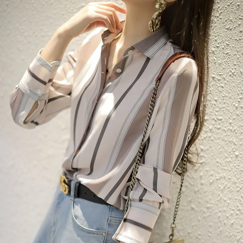 

Women Chiffon Blouses 2021 Spring Autumn Style Lady Office Work Wear Shirts Striped Printed Stand Collar Blusas Tops