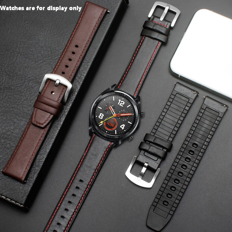 22mm Watchband Silicone + Leather 2in 1 Strap Fashion Men's Replacement Wristband For Huawei watch Pro/GT Quick release strap | Наручные