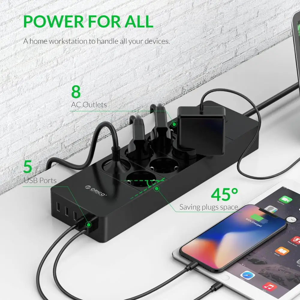 Plugue da ue Adaptador de Energia Orico Tomada Elétrica Cabo Extensão Tira Inteligente Soquetes 8ac 5 Usb - Image 2