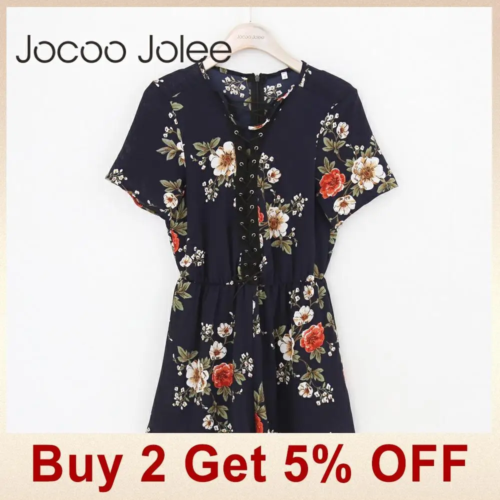 Jocoo Jolee, сексуальный цветочный принт, женский комбинезон, на шнуровке, крест-накрест, v-образный вырез, комбинезоны, богемный стиль, пляжные Свободные Комбинезоны