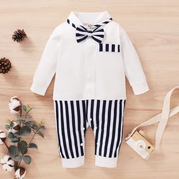 

Gentleman Little Boy Autumn Winter Rompers Long Sleeve Cotton Bow tie Newborn Baby Jumpsuit White Striped Baby Boy Clothing D30