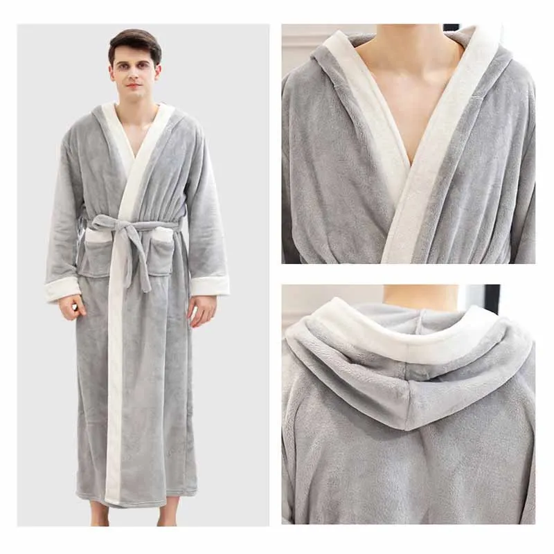 Для мужчин теплые мягкие фланелевые Удлиненные Пальто с капюшоном банный халат ночная сорочка халат кимоно Пижама утолщенная для туалетный халаты