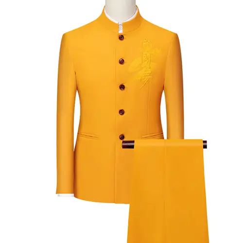 Men's White Single Breasted Stand Up Collar Suit 2-Piece, Chinese Style Red Slim-Fit Blazer Coat and Pants, Black, Blue, Yellow. - Image 5
