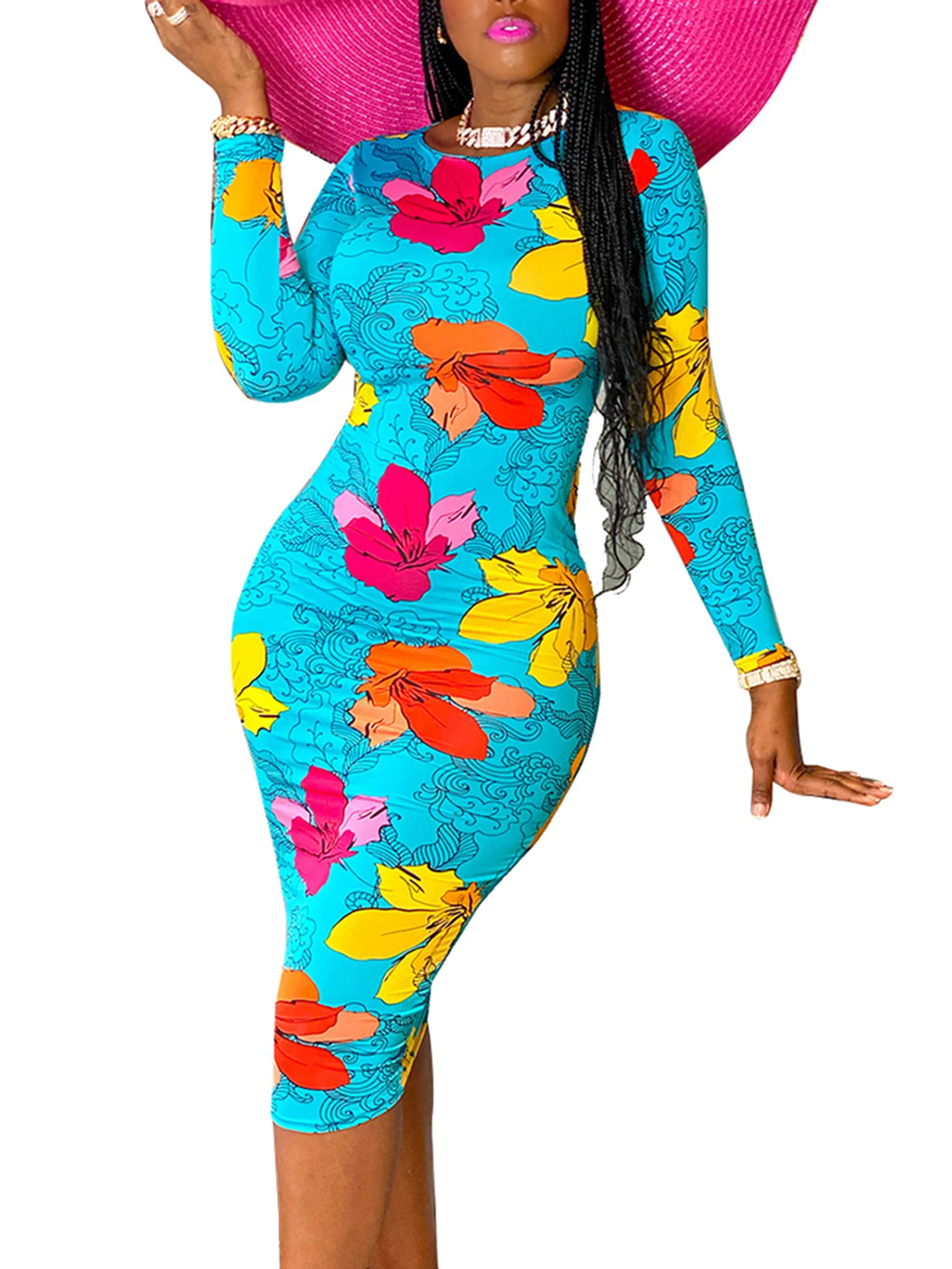 

Women Sexy Floral Printed Mid-calf Dress Crew Neck Long Sleeve Bodycon Tight Clubwear Party Dress