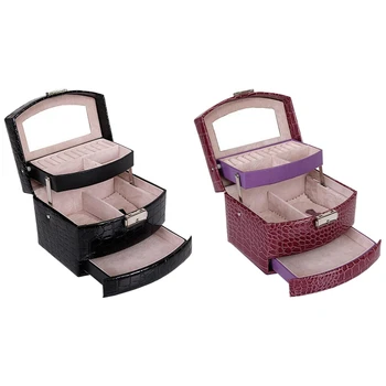 

2x Automatic Leather Jewelry Box Three-Layer Storage Box for Women Earring Ring Cosmetic Organizer Casket(Black&Purple)