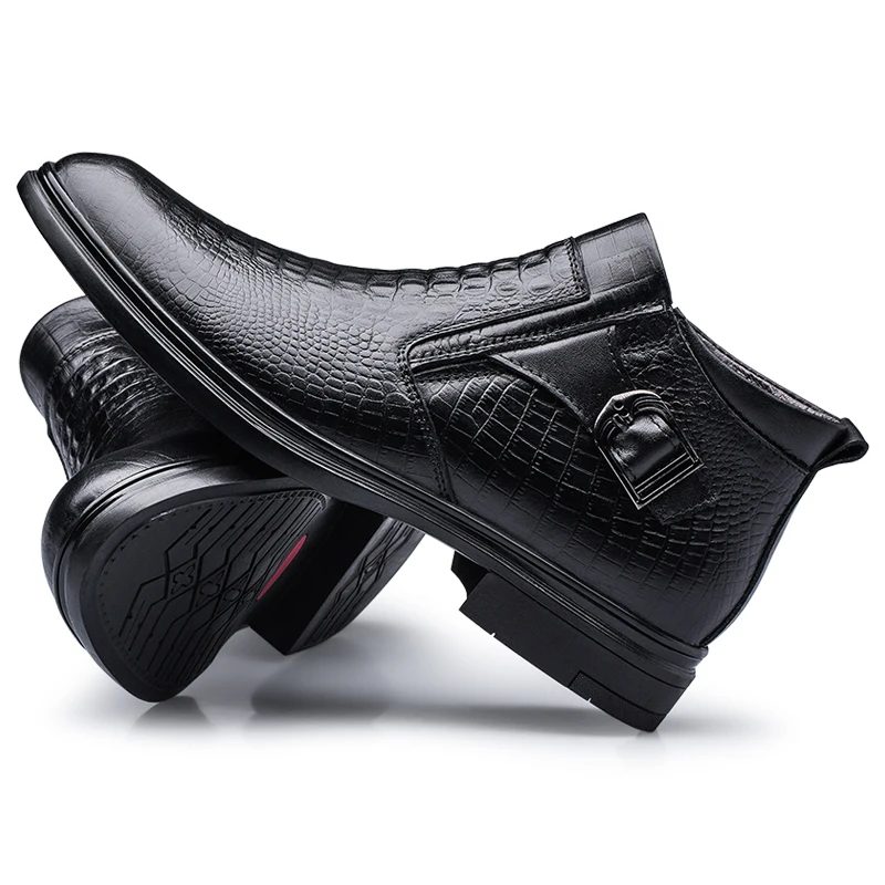 Cow Leather Business Men's Boots Autumn Winter Warm Fur Snow Boots Crocodile Pattern Men Ankle Men's Shoes Size 46