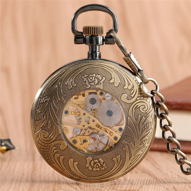Classical Bronze Unisex Mechanical Hand Winding Skeleton Pocket Watch Roman Numeral Dial Fob Pendant Chain Open Face Clock