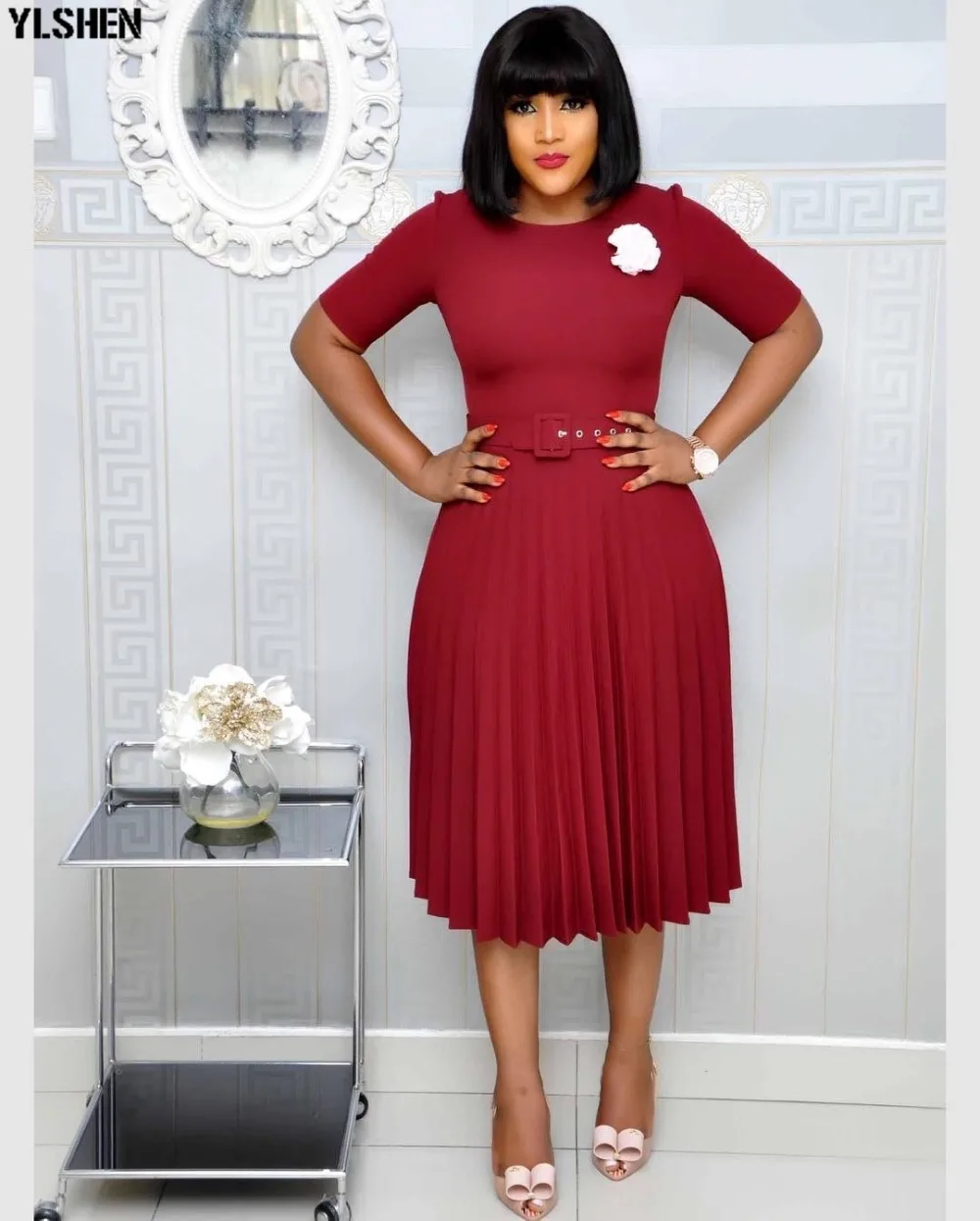 Pleated African Dresses For Women 2020 Elegent Fashion Style African Women Plus Size Polyester Knee-length Dress S-3XL 06
