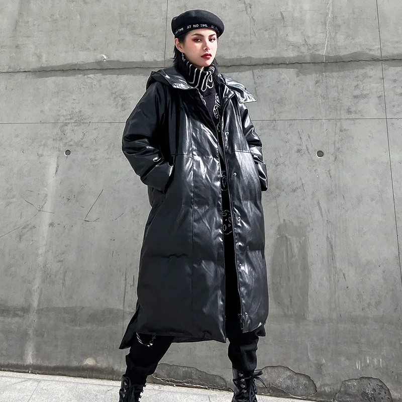 

Faux Leather Long Parka Women Russia Cold Winter Frost Femme PU Jacket Parka with Thick Warm Cotton Padded Hooded Leather Jacket