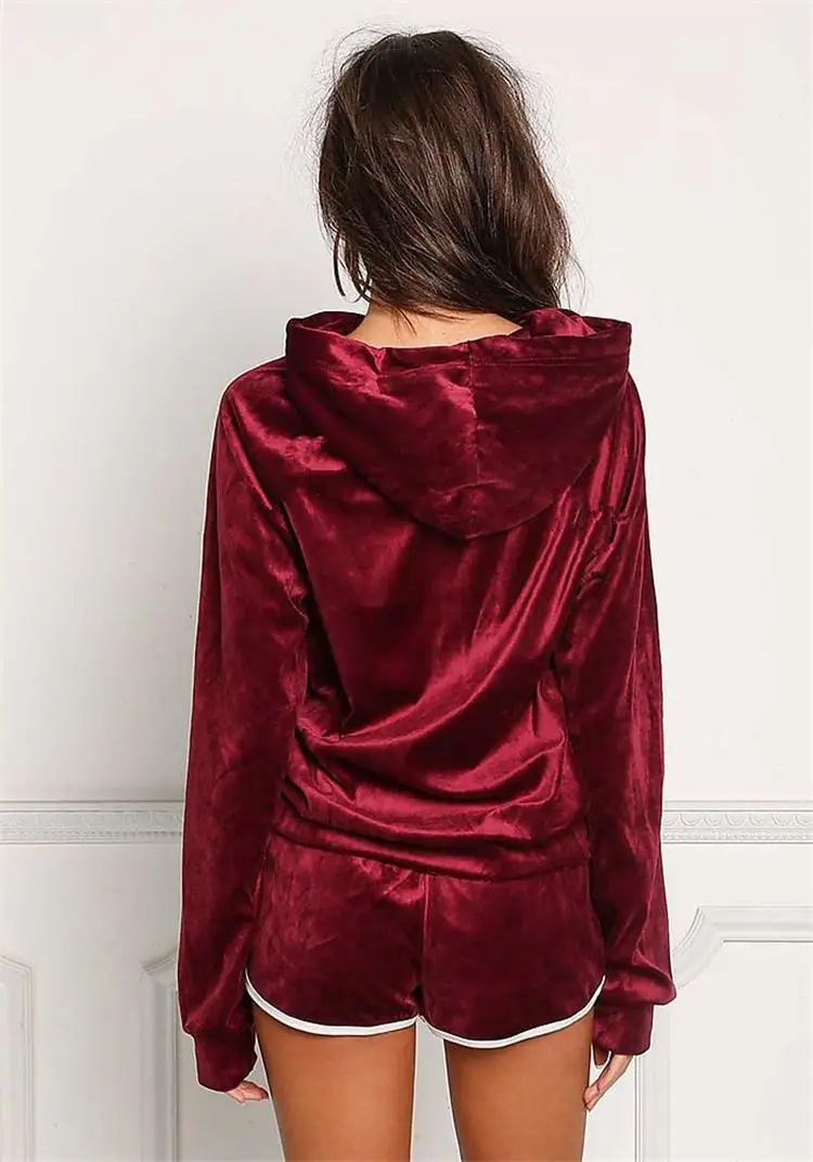 two piece set autumn winter hooded velvet velour suit shorts fitness tracksuit shining outfits set women DY171010