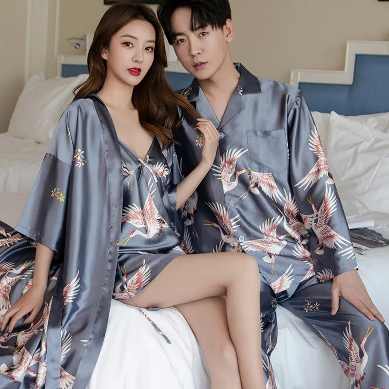 SELX Men Comfy Ice Silk Printed 2 Pcs Outfits Long Sleeve Pajamas Set