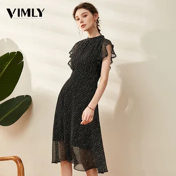 

Vimly Women Elegant Polka Dot Summer Dress Ladies Chiffon Ruffle Sleeves A-line Dress Female Vintage Chic Black Dresses