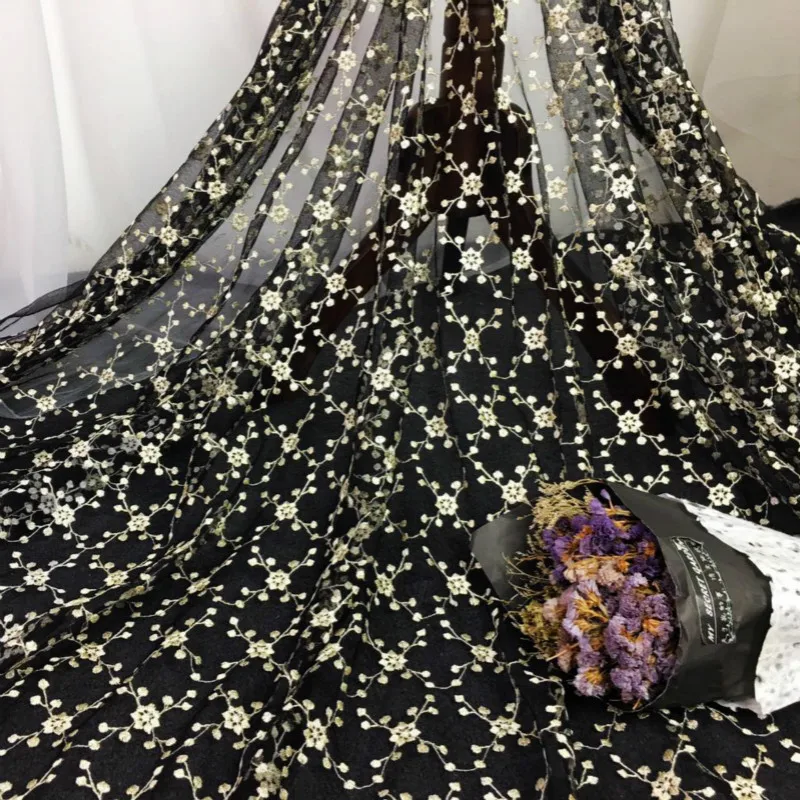 Модный черный золотой Сливовый цветок, вышитый прозрачная тюль ткань, на дворе